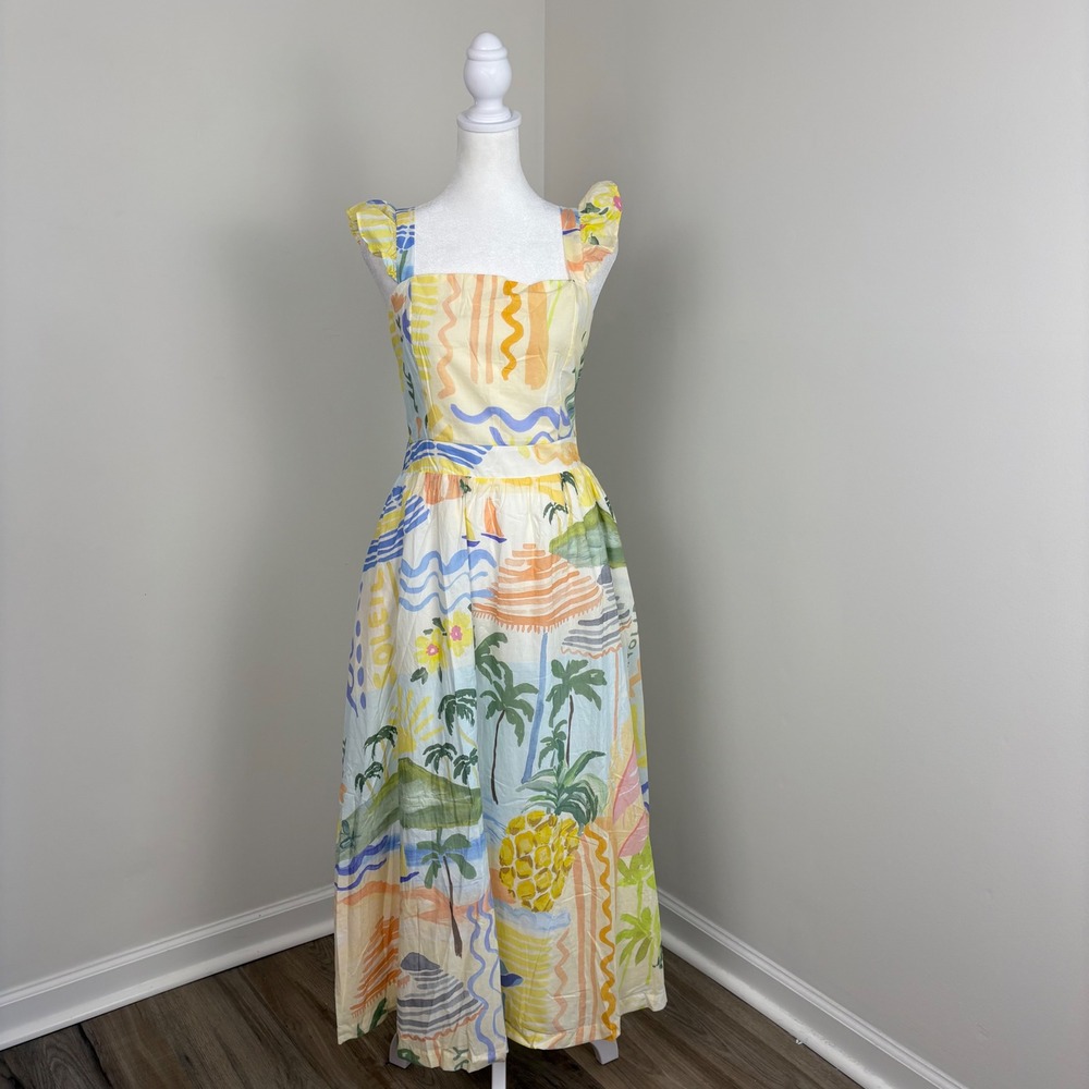 Prosperina Nicola Multi Print Midi Dress Women M Ruffle Coastal Summer NWT - Picture 2 of 13